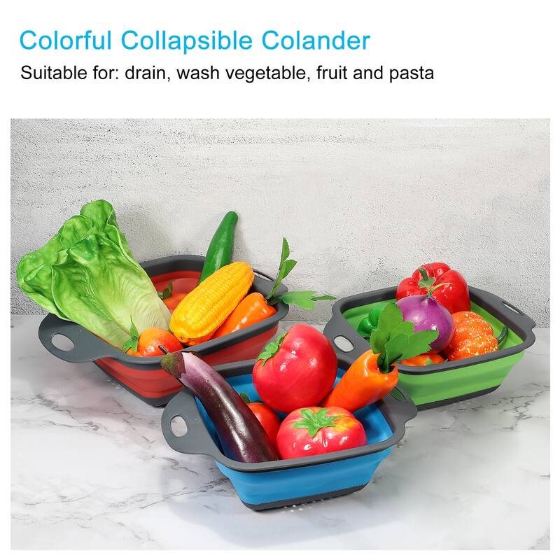 Collapsible Colander, Silicone Square Foldable Strainer with Handle - 24cm x 18.4cm x 7.5cm
