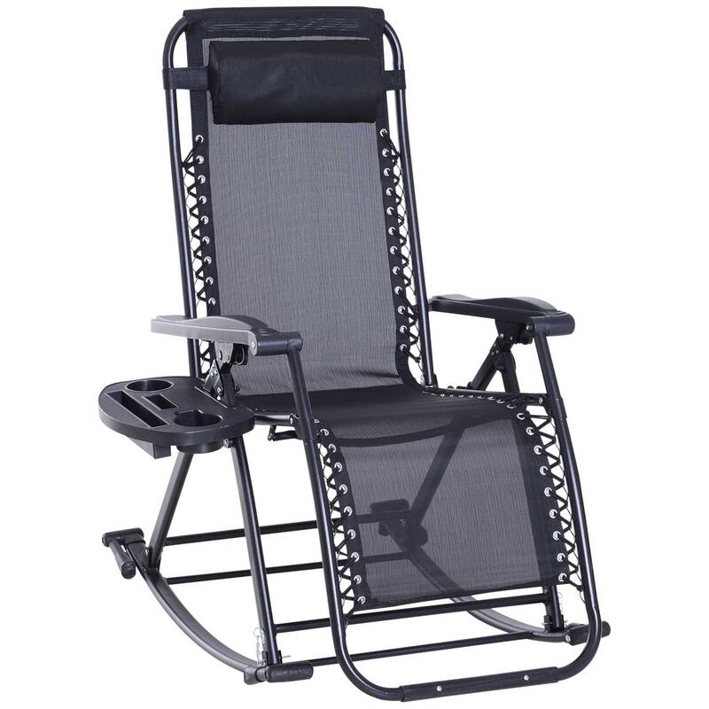 Outdoor Breathable Reclining Rocking Chair, Folding Chaise Lounge Chair with Cup Holder Tray & Footrest