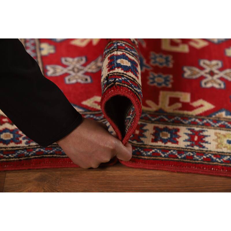 Geometric Kazak Rug Hand-Knotted Traditional Red Wool Carpet - 2'0"x 3'0"