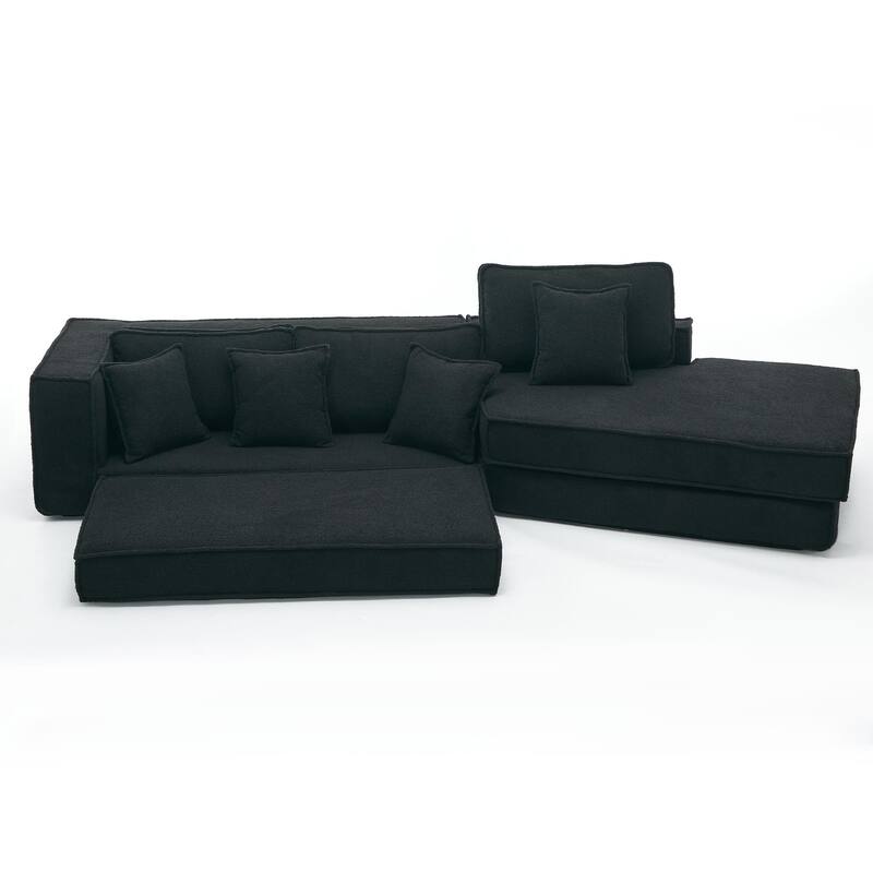 133" Lamb Velvet Convertible Sectional Sleeper Sofa with 7 Pillows