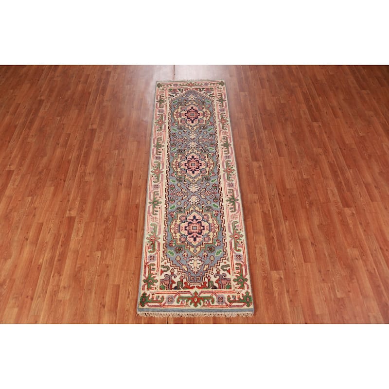Hand Knotted Oriental 100% Wool Carpet Traditional Geometric Navy Blue & Blues Heriz (serapi) Runner Rug - 8' 1'' X 2' 6''