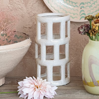Decorative Stoneware Lantern Candle Holder with Cut-Outs - 6.3"L x 6.3"W x 12.0"H