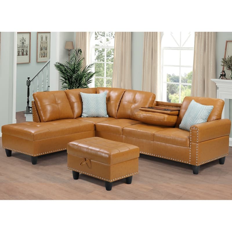 Wood Frame Faux Leather Storage Sectional Sofa with Ottoman & Cup Holders - Ginger