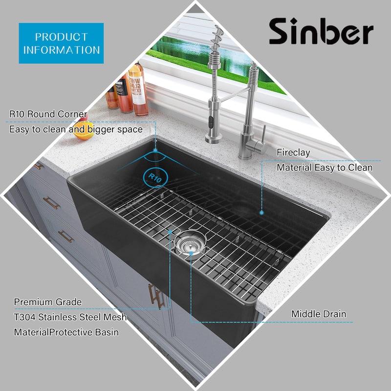 Sinber Farmhouse Apron Single Bowl Kitchen Sink with Fireclay White Finish