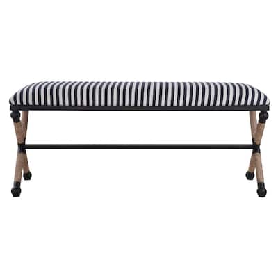 48" Navy Blue and Cream White Striped Upholstered Bench