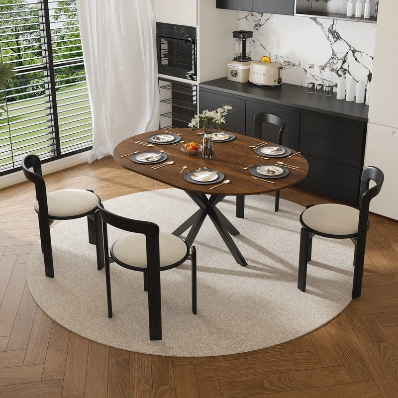 42" to 58" Extendable Round Dining Table, Modern Wood Veneer Top & Carbon Steel X-Base
