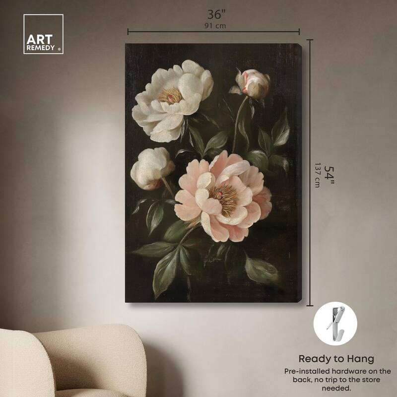 White Peonies in Dark II Canvas by Art Remedy, Gallery Wrapped