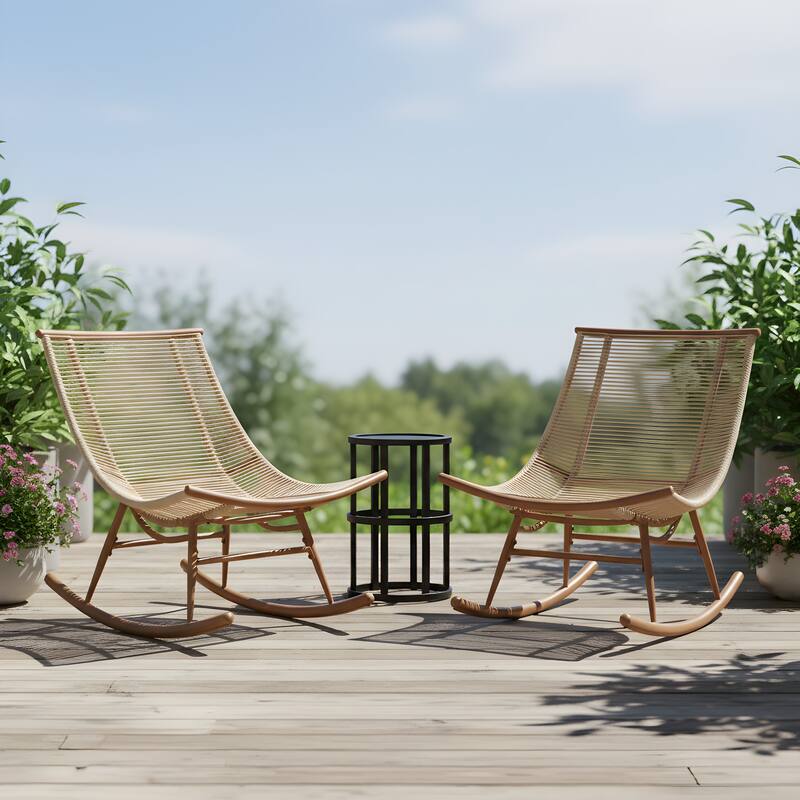Christopher Knight Home - Altea Smooth Arc Back Outdoor Rocking Chair Set with Cushions and Ceramic Tile Side Table - Brown+Beige+Black - 3-Piece Set