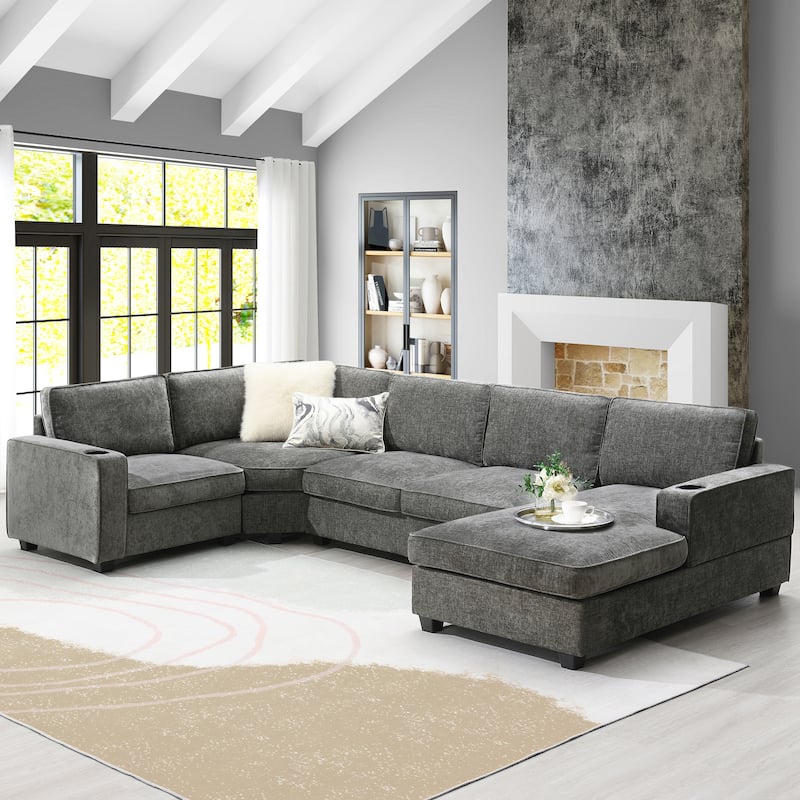 119*67" U Shaped 6 Seat Chenille Sectional Sofa with Chaise and Cup Holders, Gray - Multi-Color