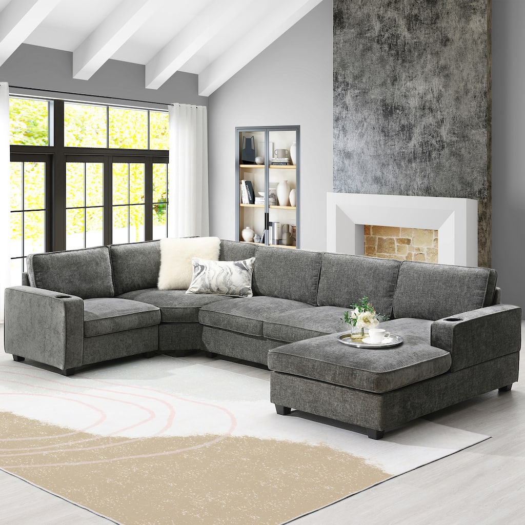 Modern U Shaped Sofa with Chenille Upholstery and Built In Cup Holders for Living Room or Guest Room