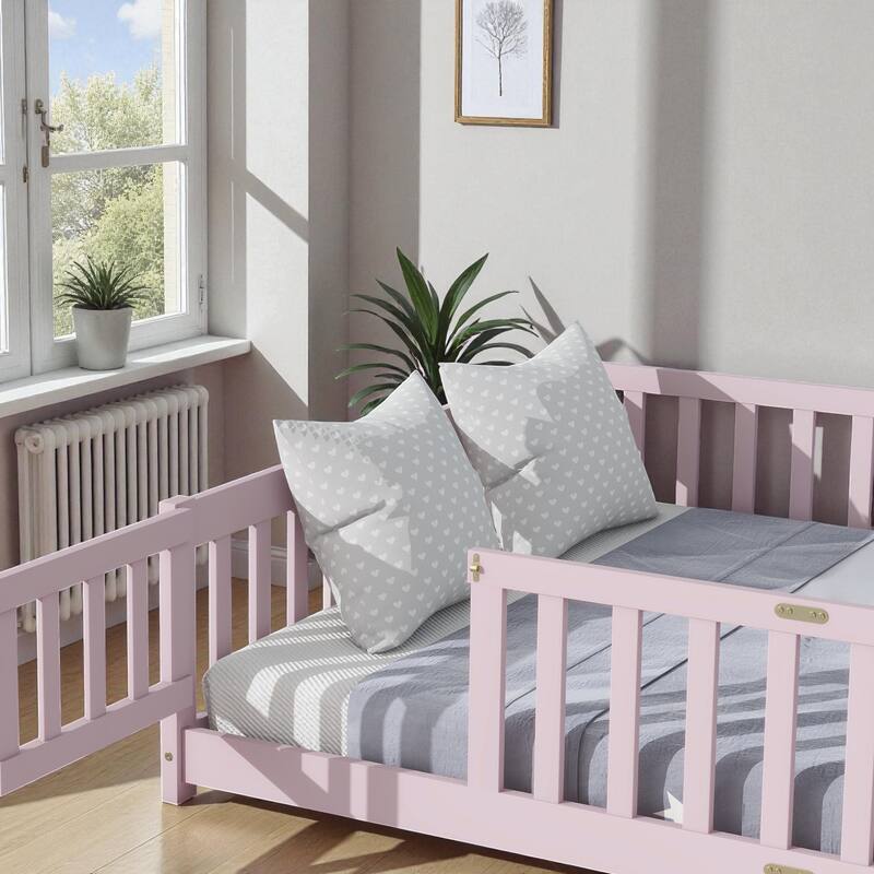 Full Size Rubber Wood Floor Bed with Fence and Door, Montessori Platform Bed with Safety Guardrails for Kids
