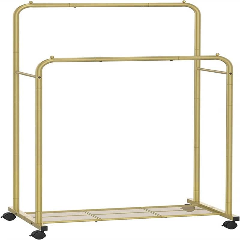 Double Rod Clothes Rack with Wheels - 23.4"D x 36.4"W x 62.2"H - Gold