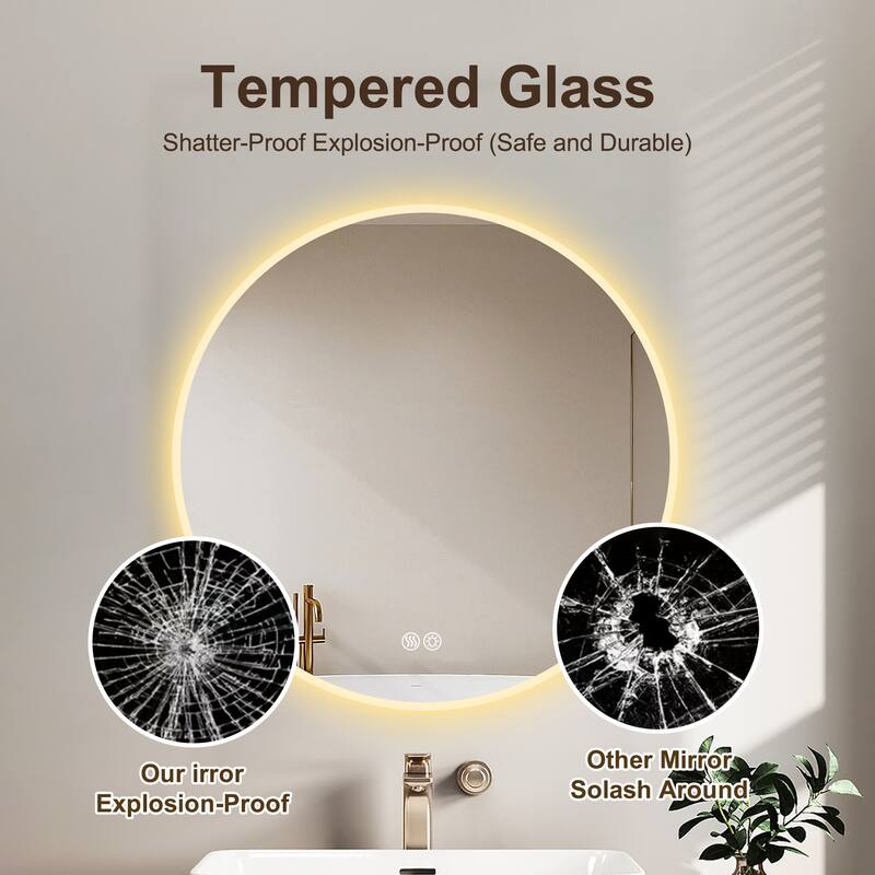 26" x 26" Round Wall-mounted Vanity Light Mirror with Adjustable LED - Silver