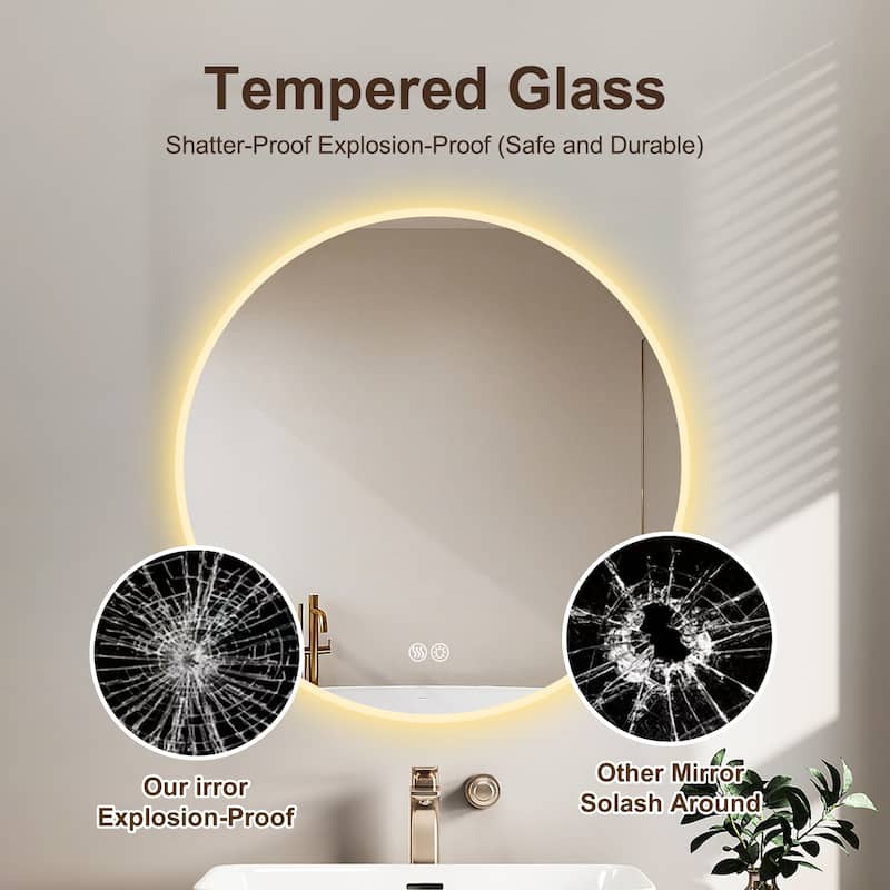 Round LED Bathroom Mirror - Wall-Mounted, Adjustable Color Temperature, Dimming - Silver