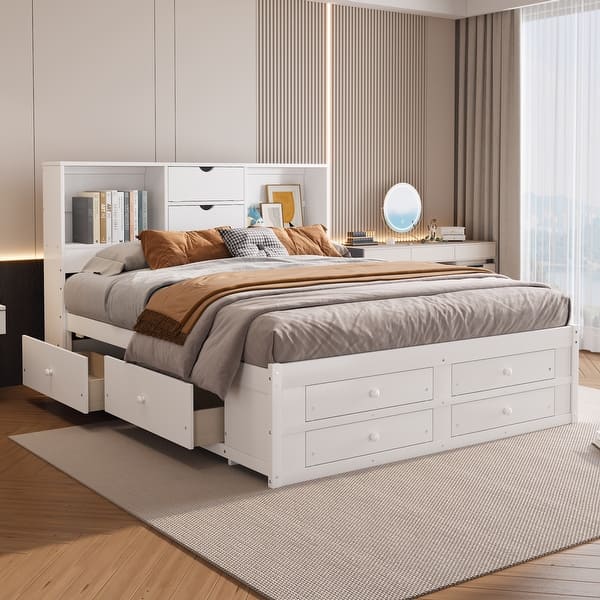 slide 2 of 14, White King Size Platform Storage Bed Frame with Bookcase Headboard & 8 Drawers, Storage Compartments for Teens Adults White - California King