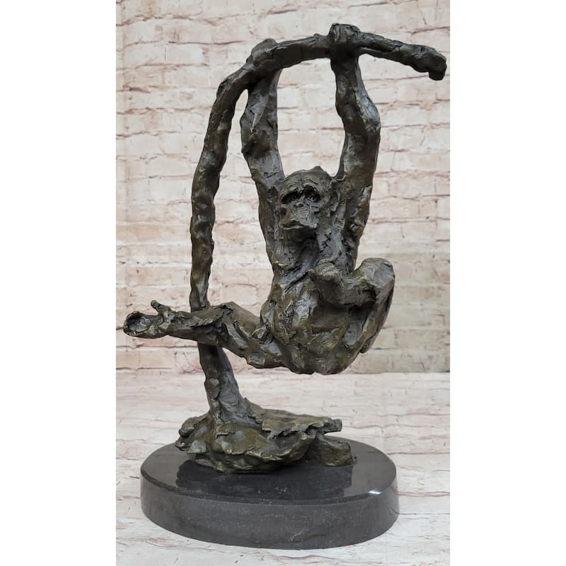 Playful Chimpanzee Swing On Bar Bronze Sculpture By C. Williams | Signed Original Artwork