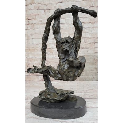 Playful Chimpanzee Swing On Bar Bronze Sculpture By C. Williams | Signed Original Artwork