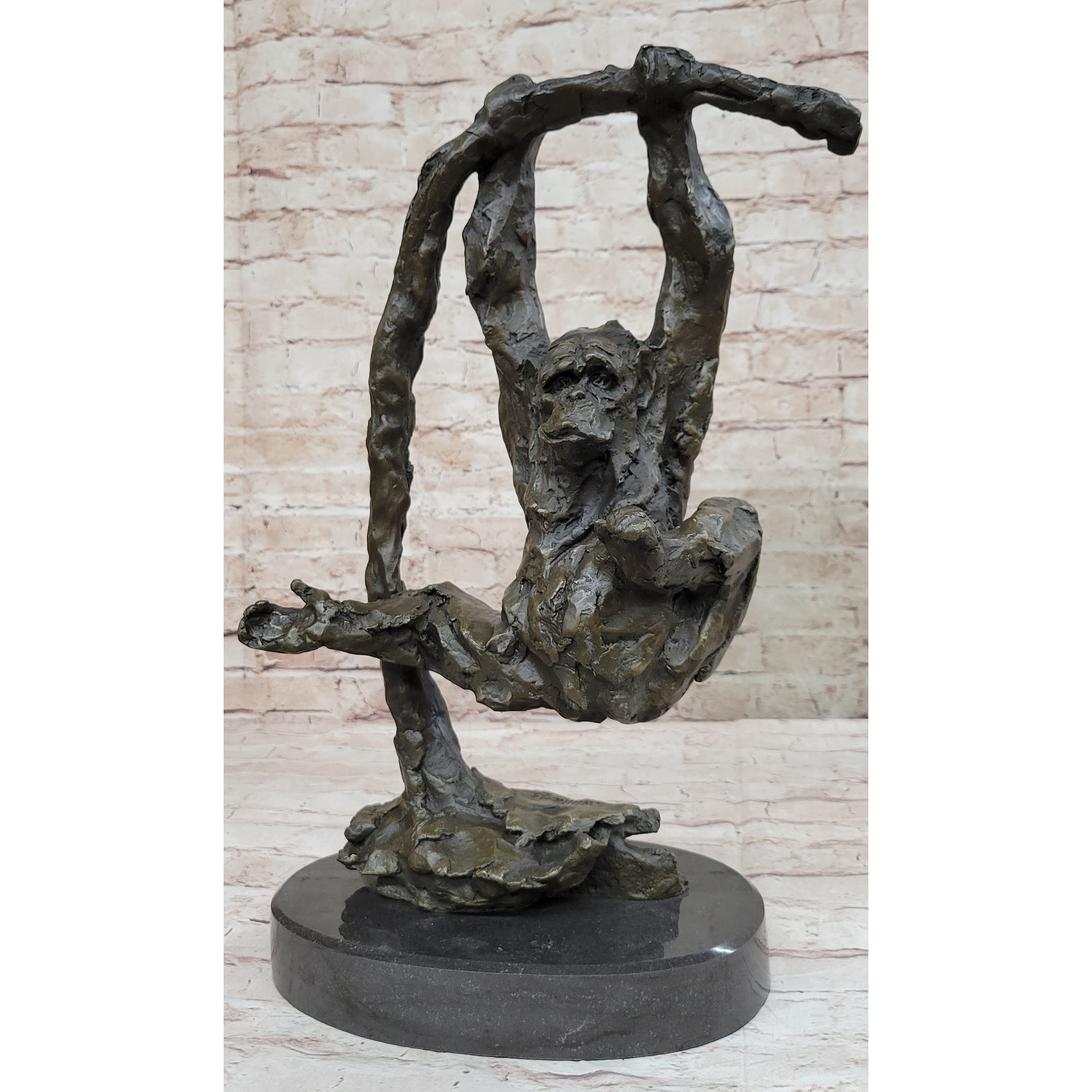 Playful Chimpanzee Swing On Bar Bronze Sculpture By C. Williams | Signed Original Artwork