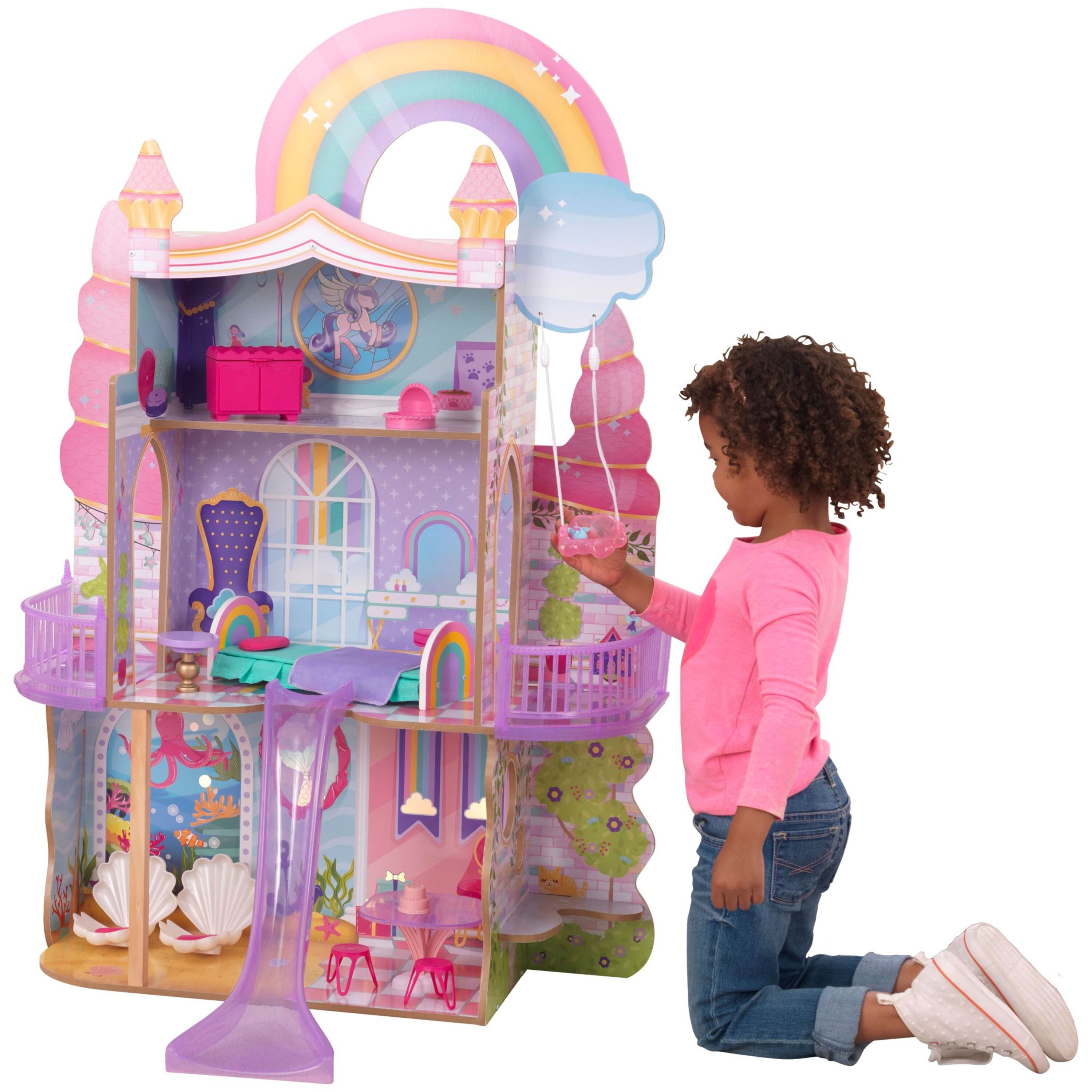 Rainbow Dreamers Unicorn Mermaid Wooden Dollhouse with 15 Ac Bed