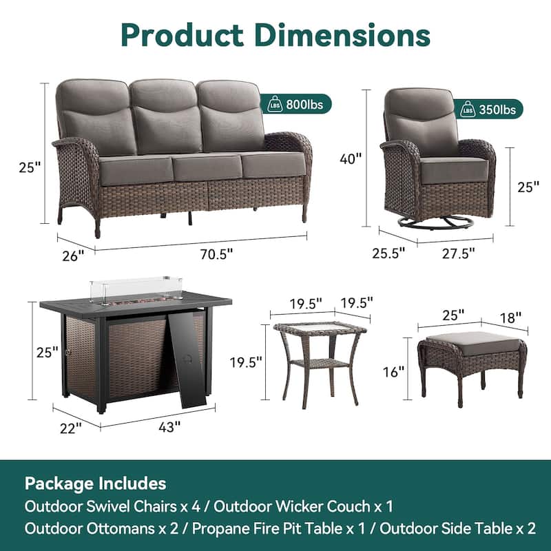 Pocassy Outdoor Sofa Swivel Chair and Ottman with Fire Pit Table