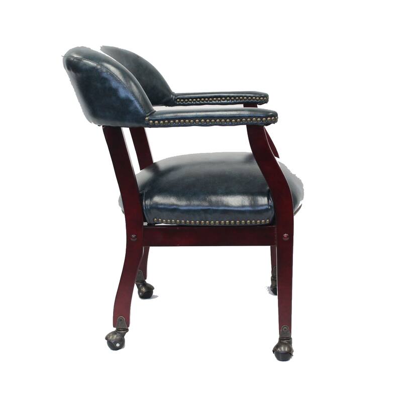 Anna Captain Chair, Brass Rivet Trim, Hooded Caster Wheels, Blue Vinyl