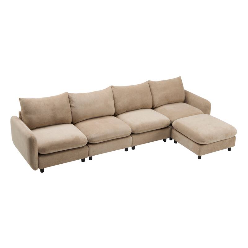 L Shaped Modular Sectional Sofa with Ottoman, Oversize Velvet Upholstered Sofa, 5 Seat Sofa with Removable Cushions - Camel