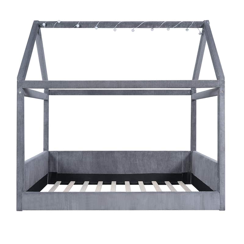 Full Size Upholstered House Bed Frame, Kids Platform Bed with LED Light Strips