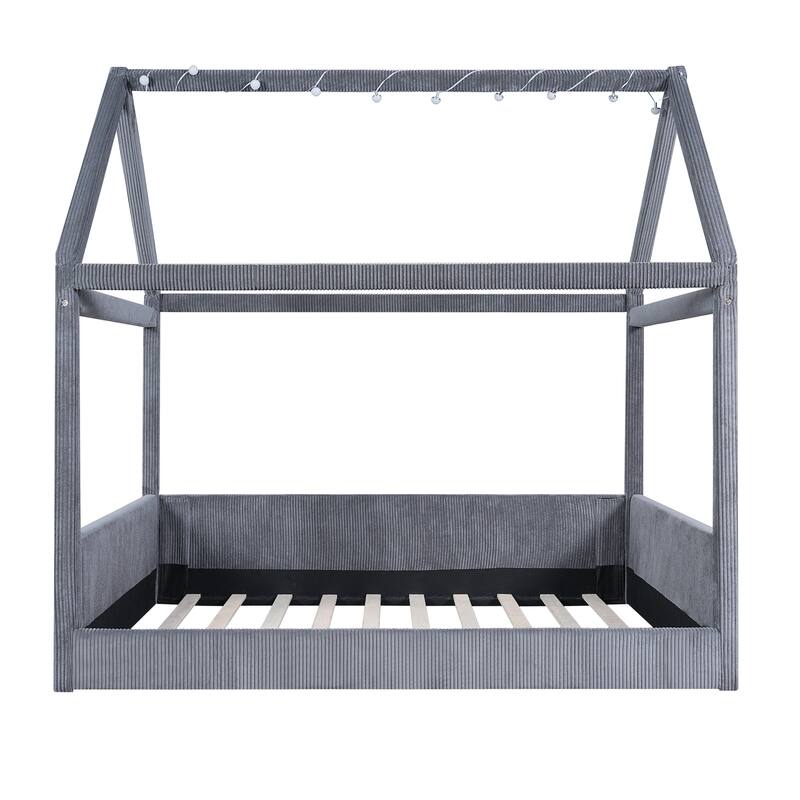 Full Size Upholstered House Daybed with LED Light Strips, Grey