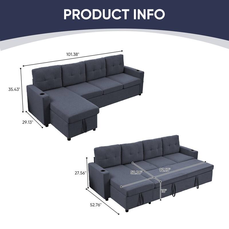 Mixoy 101"Linen 4-Seater Modular Sofa with Storage Chaise,Sleeper Sofa with Pull-out Bed