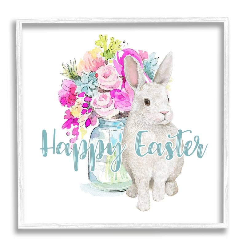 Stupell Happy Easter Calligraphy Bunny Pink Flower Bouquet Framed Wall Art - Multi-Color