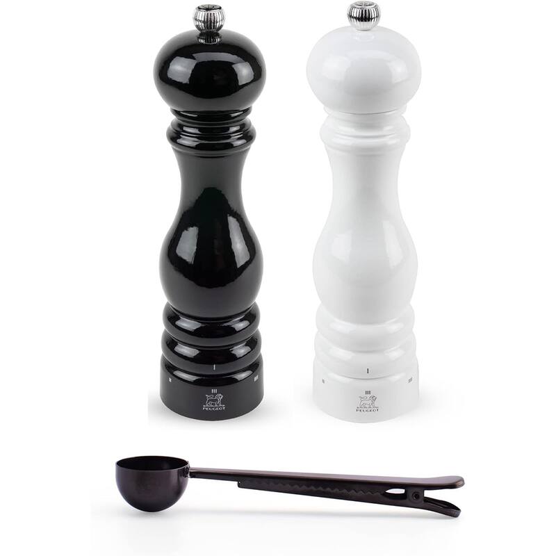 Peugeot Paris u'Select Salt & Pepper Mill, Gift Set, Black & White Lacquer - With Stainless Steel Spice Scoop/Bag Clip (9 Inch) - 3 Piece