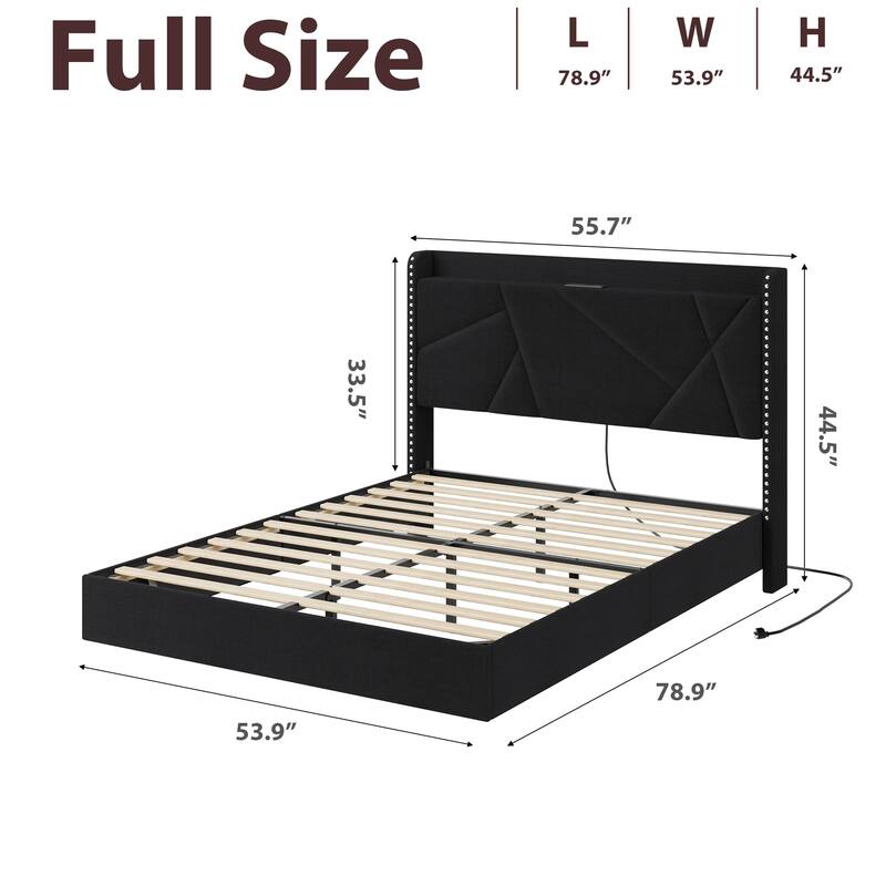 Full/Queen Floating Bed Frame with LED Lights & Charging Station, Upholstered Platform Beds with Storage Headboard