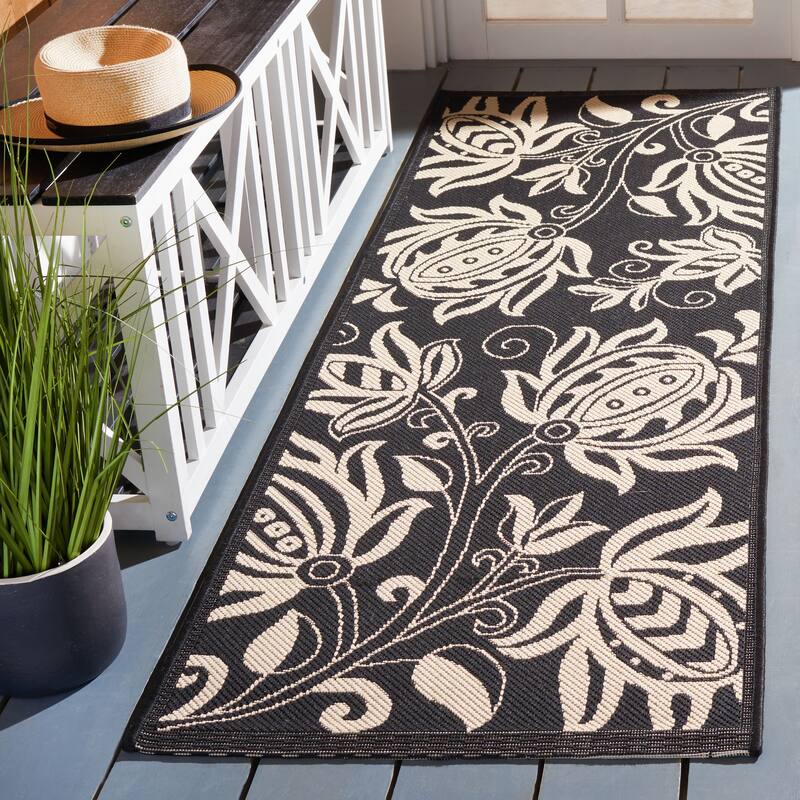 SAFAVIEH Courtyard Nasima Indoor/ Outdoor Patio Backyard Rug - 2'3" x 6'7" Runner - Black/Sand