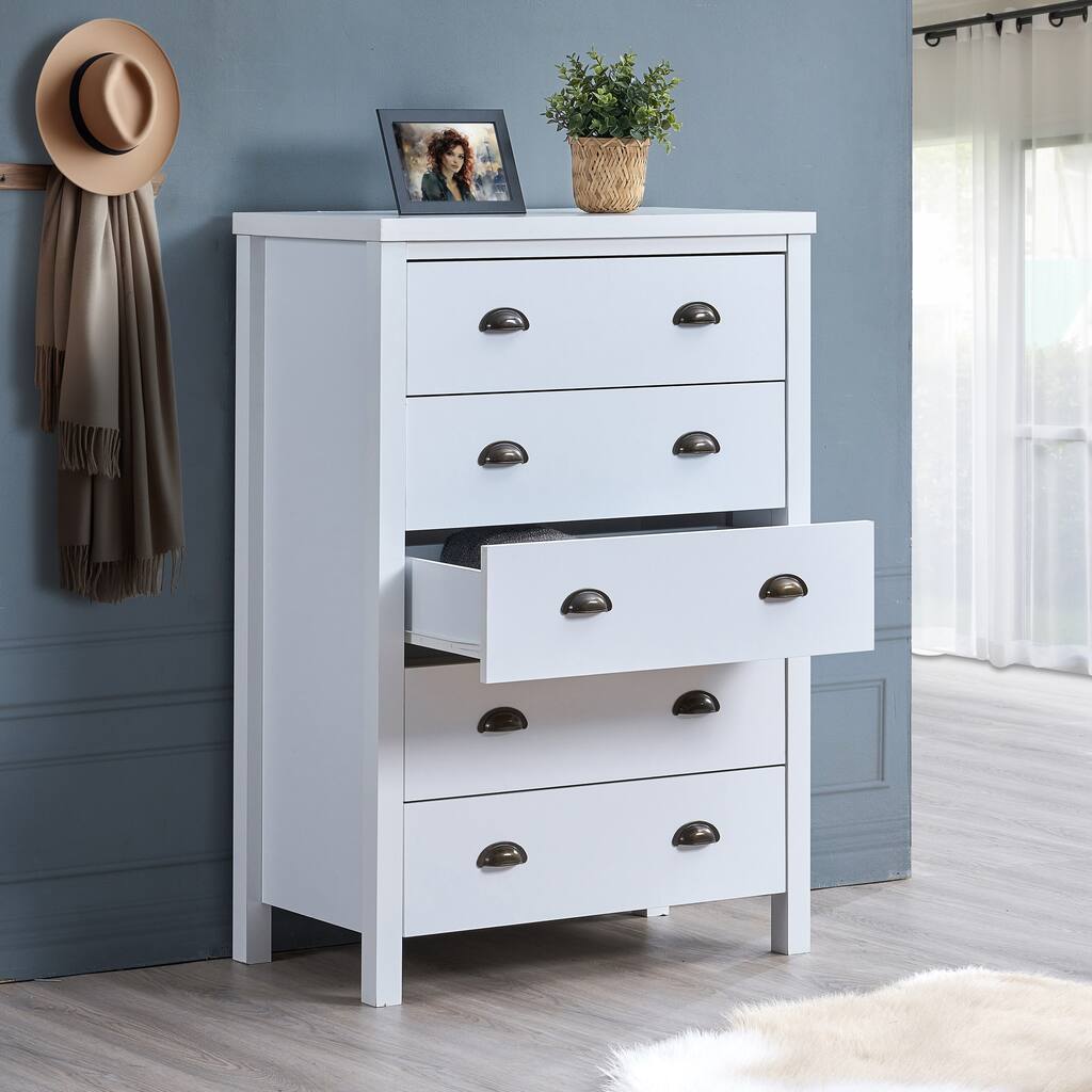 5-Drawer Vertical Chest with Interlock Drawer Feature and Shell Handle for Bedroom