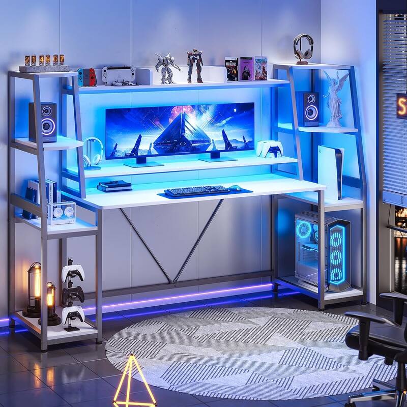 Gaming Desk LED Lights Hutch and Storage Shelves PC Gamer Desk - 78.8'' - White