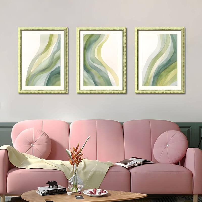 Set of 3 Abstract Green Framed Wall Art - Replaceable Canvas Prints with Solid Wood Picture Frames, Modern Wall Decor