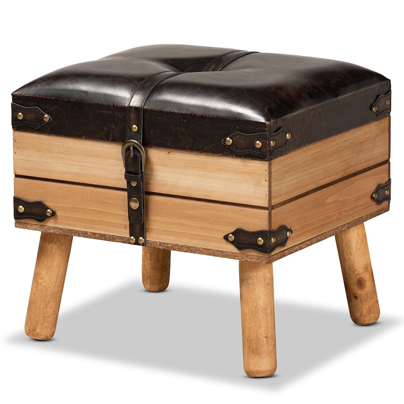 Amena Dark Brown PU Leather and Oak Wood Small Storage Ottoman - Dark Brown