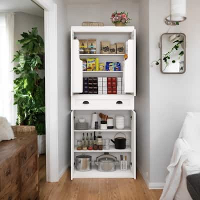 White Beige Pantry Cabinet with Adjustable Shelves & Vintage Handles