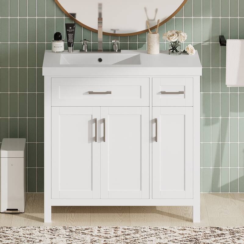 36" Black Bathroom Vanity Cabinet with Resin Integrated Sink - 2 Drawers, 3 Doors - White