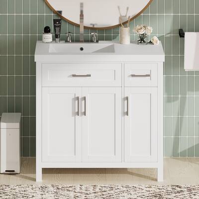 36" White Bathroom Vanity Cabinet with Resin Integrated Sink - 2 Drawers, 3 Doors
