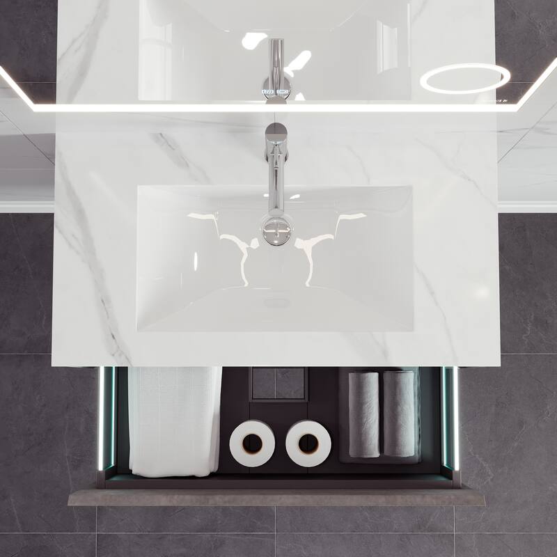 Aurora 36 in. Concrete Gray Wall Mount Single Sink Bath Vanity with Carrara Quartz Top and Undermount Porcelain Sink