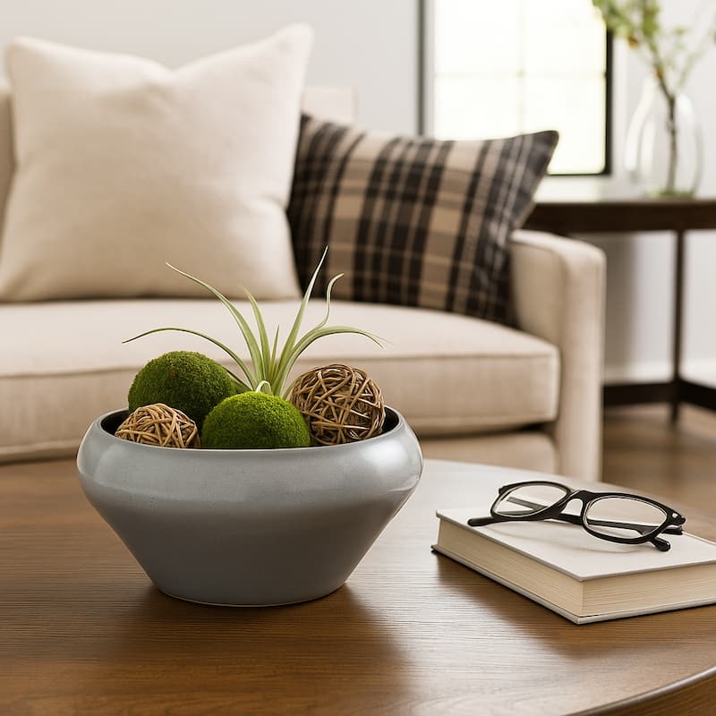 Decorative Round Glazed Terracotta Bowl -13", Gray - 13.0"