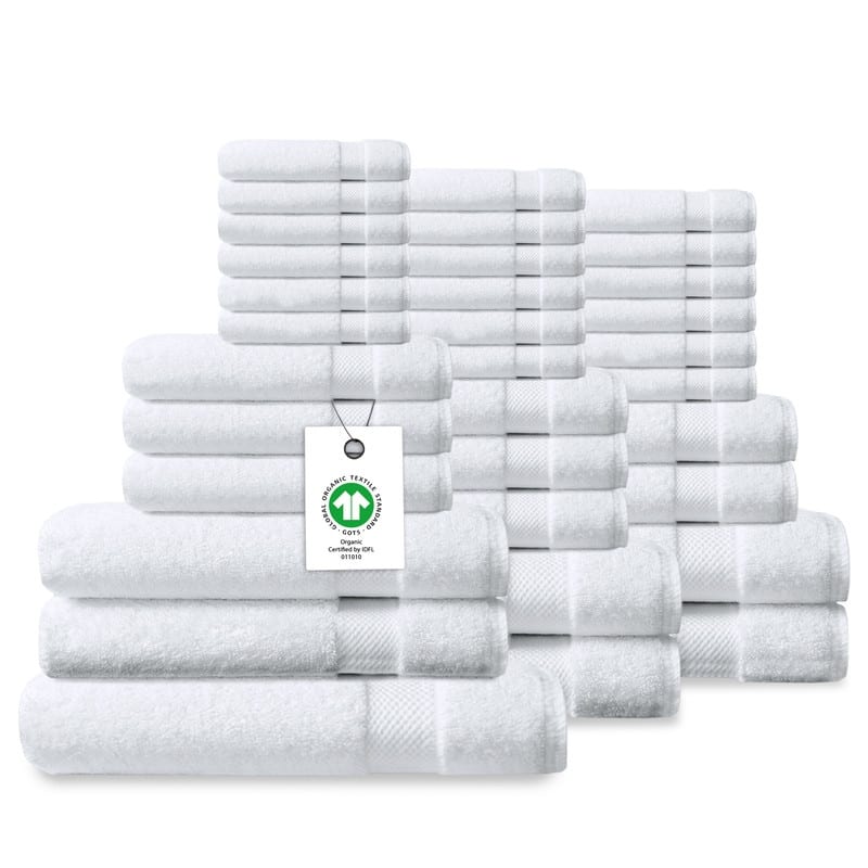 Delara Organic Cotton Luxuriously Plush Bath Towel 33 Piece Set |GOTS & OEKO-TEX Certified |650 GSM Long Staple|Soft & Quick Dry - White