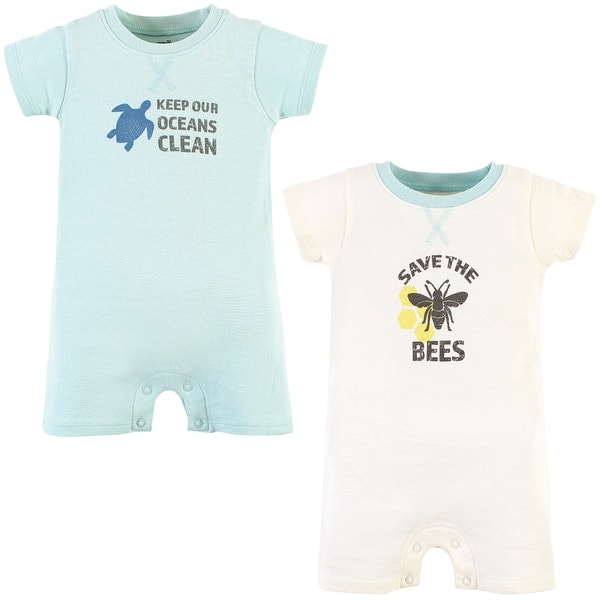 slide 1 of 1, Touched by Nature Unisex Baby Organic Cotton Rompers, Save The Bees 0 - 3 Months - White/Blue