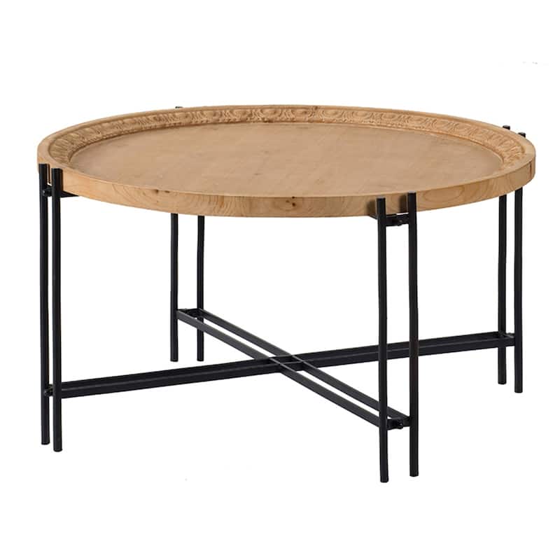 Farmhouse Round Wooden Round Coffee Table with Metal Legs
