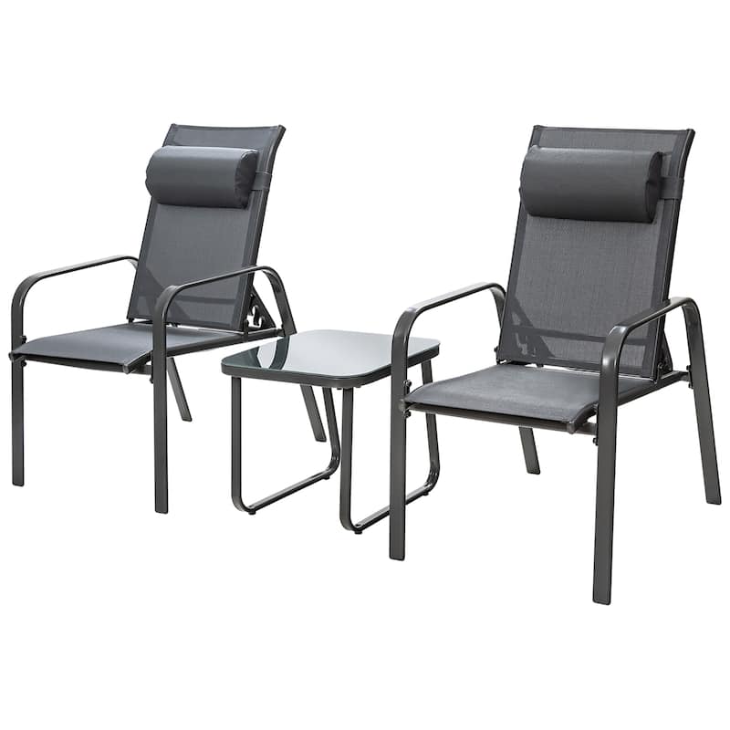 3 PCS Patio Bistro Set Stackable Patio Chairs with Glass Coffee Table - Grey