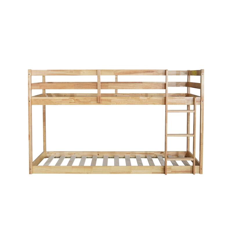 Twin over Twin Solid Rubber Wood Bunk Bed with Ladder and Strengthened Slats, Natural Finish
