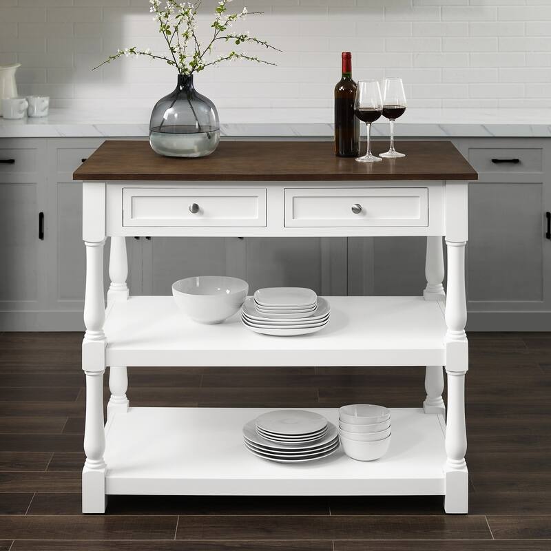Kitchen Island Wood Top - Storage Island Cart, White/Dark Brown, 42" Wide, Transitional Design