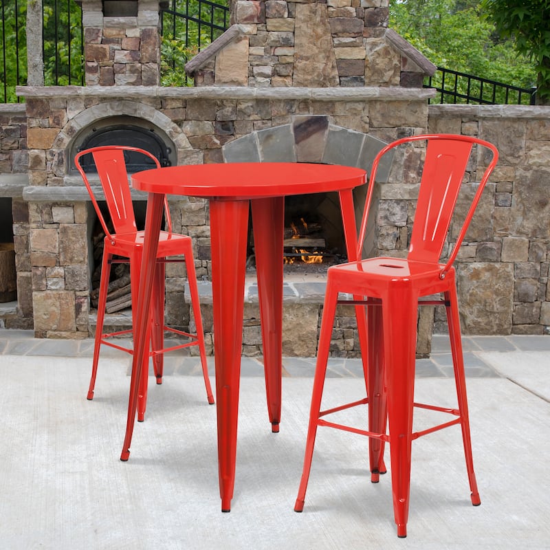 30'' Round Metal Indoor-Outdoor Bar Table Set with 2 Cafe Stools - 30"W x 30"D x 41"H - Red