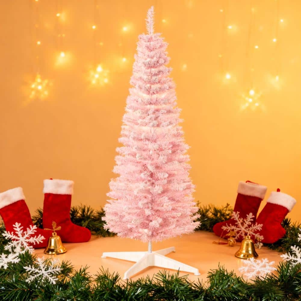 5' Snow Flocked Artificial Christmas Tree with Pencil Shape, Realistic Branches - Pink